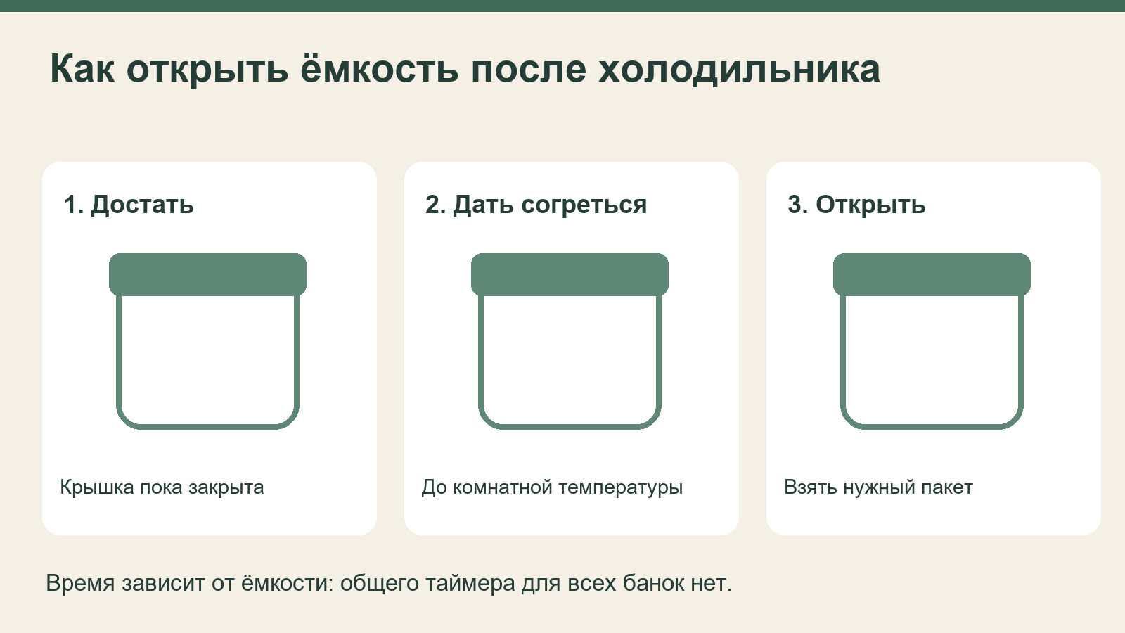 После холодильника закрытую ёмкость сначала согревают, затем открывают