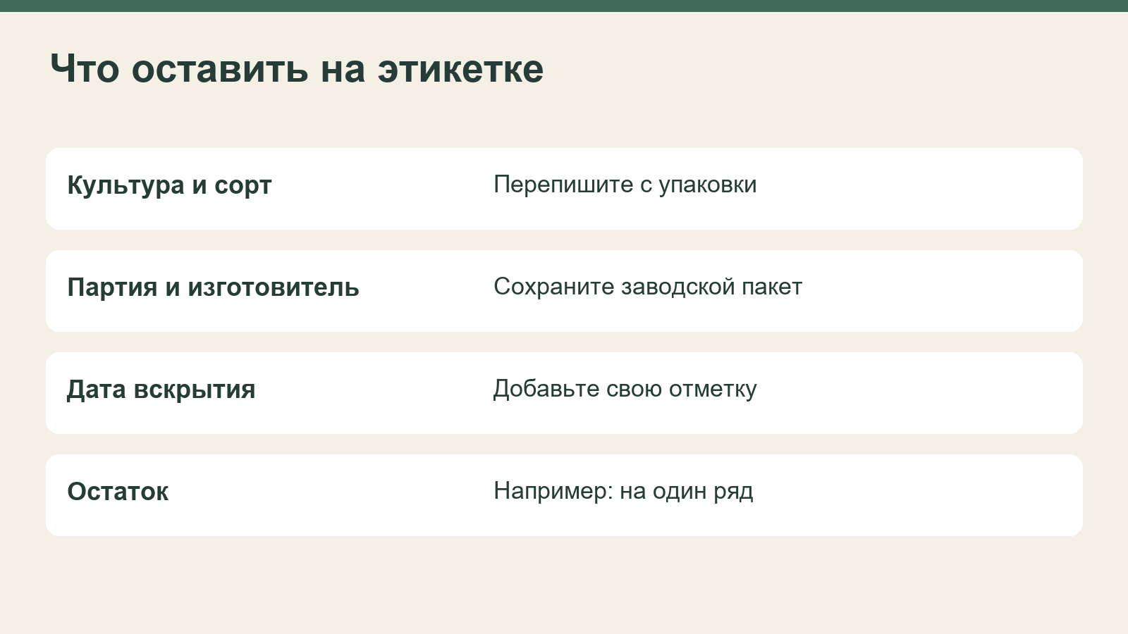 Этикетка остатка семян: сорт, партия, дата вскрытия и количество